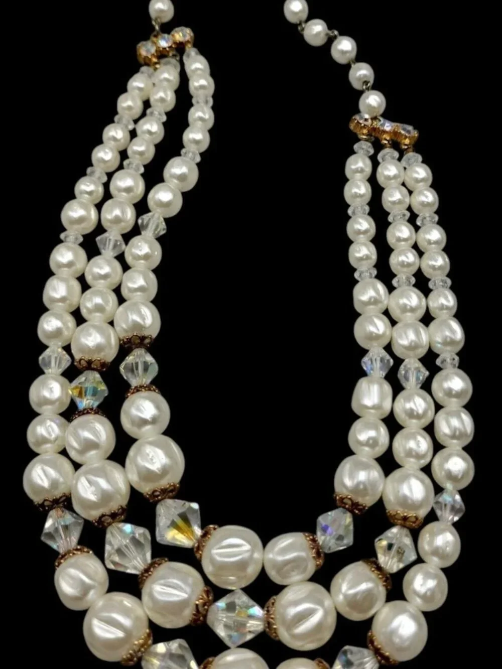 Faux Pearl Choker Multistrand Necklace Aurora Borealis Prism Spacers 16